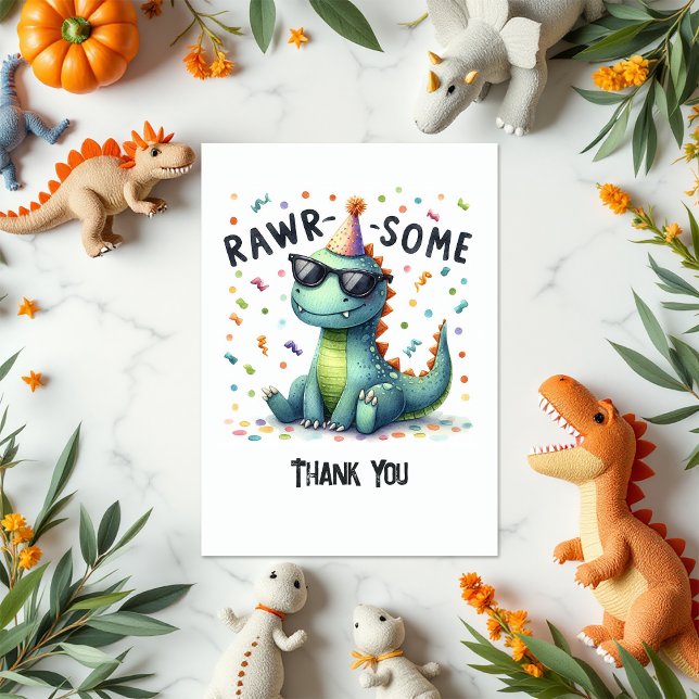 Söt dinosaurie “Rar-som” barnkalas Tack Kort (Cute Dinosaur “Rawr-some” Kids Birthday Thank You Card)