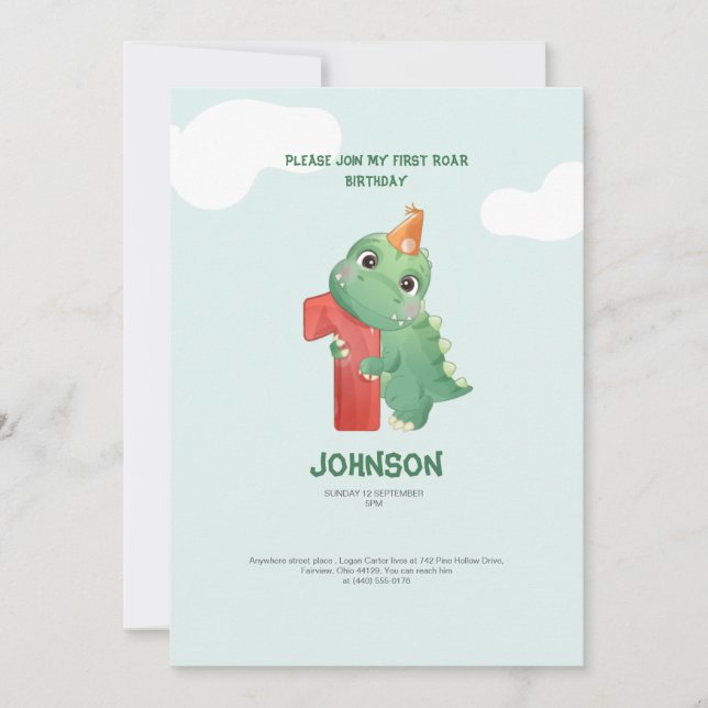 söt dinosaurie rawr-fest 1-års födelsedagsinbjudan julkort (Framsida)