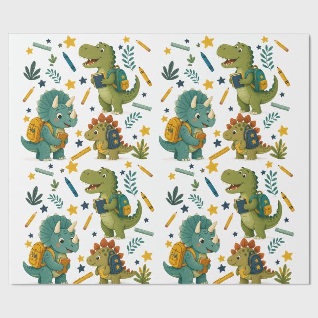 Söt dinosaurie som går till skolan för barn presentpapper (Platt)
