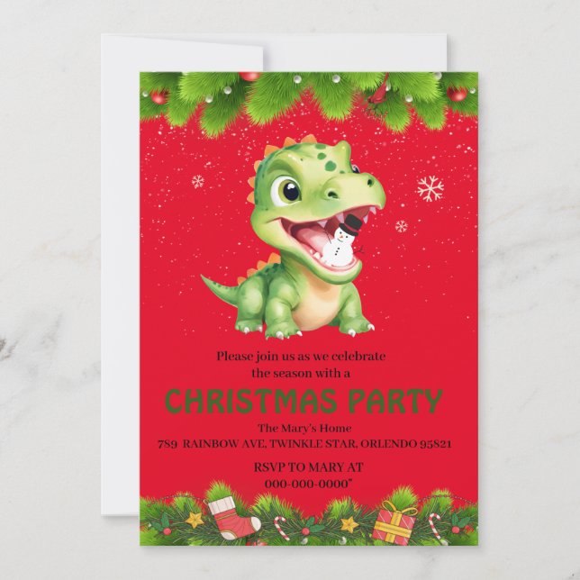 Söt dinosaurie som håller snömannen julfestpresent inbjudningar (Framsida)