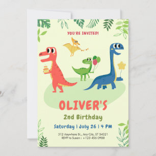 Söt dinosaurie t-rex barn 2-års födelsedagsinbjuda inbjudningar