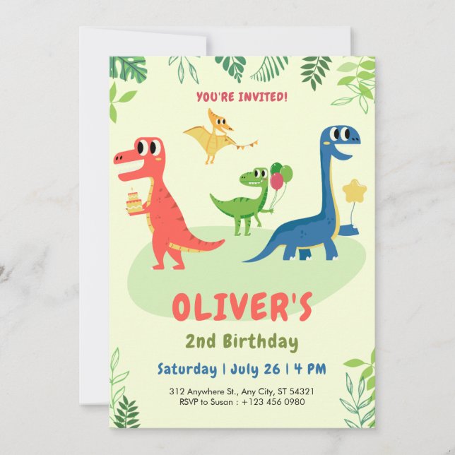 Söt dinosaurie t-rex barn 2-års födelsedagsinbjuda inbjudningar (Framsida)