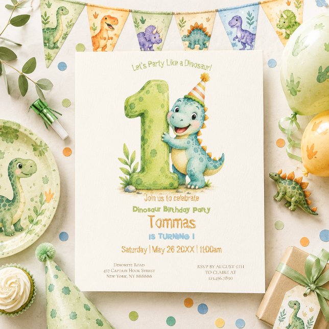 Söt dinosaurie-tema 1-års födelsedag  inbjudningar (Skapare uppladdad)