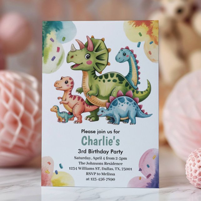 Söt dinosaurie-tema för 3-års födelsedagsfest  inbjudningar (Skapare uppladdad)