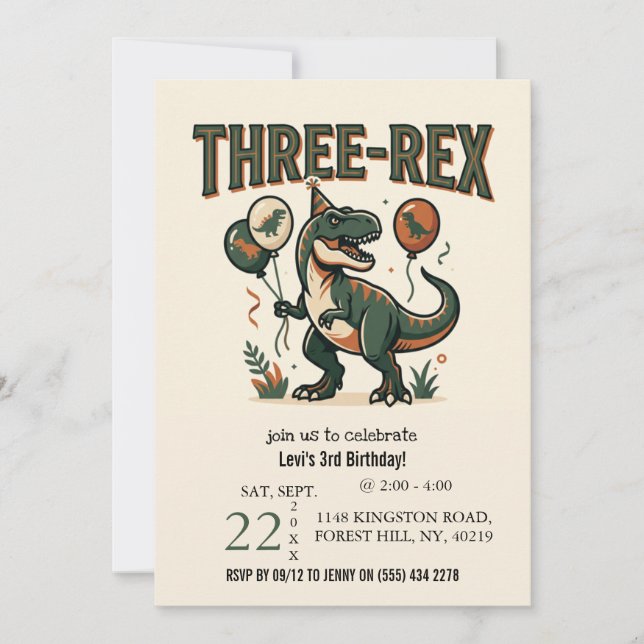 Söt dinosaurie Three-Rex 3-års födelsedagsinbjudan Inbjudningar (Framsida)