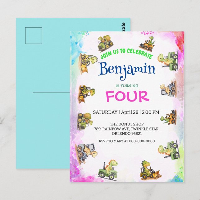 Söt dinosaurie-traktor Regnbåge B2S Skol födelseda Vykort (Fram/baksida)