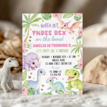 Söt dinosaurie tre rex flicka födelsedagsinbjudan