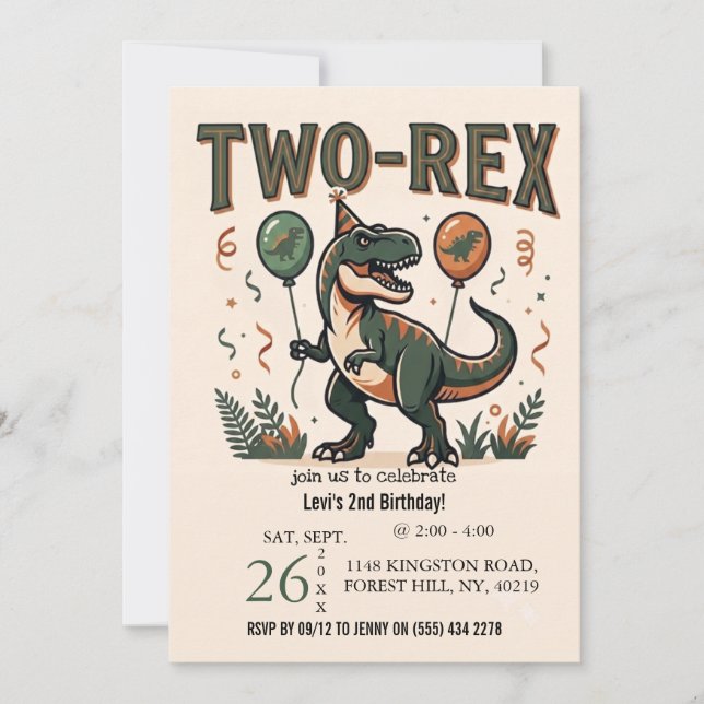 Söt dinosaurie Two-Rex 2-års födelsedagsinbjudan Inbjudningar (Framsida)