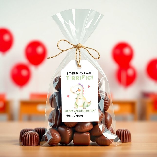 Söt dinosaurie-valentin “T-Rrific” Barnklassrum Presentetikett (Cute Dinosaur Valentine Tag – “T-Rrific” Kids Classroom Valentine Gift Tag)