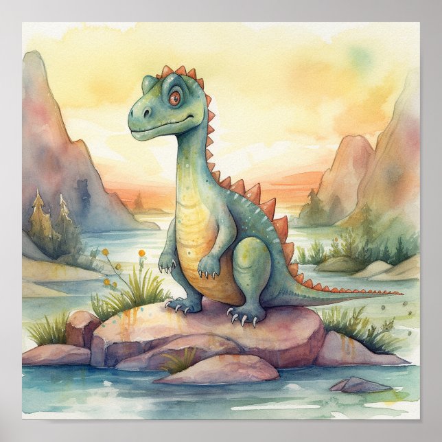 Söt dinosaurie vattenfärg saga bok illustration poster (Framsidan)