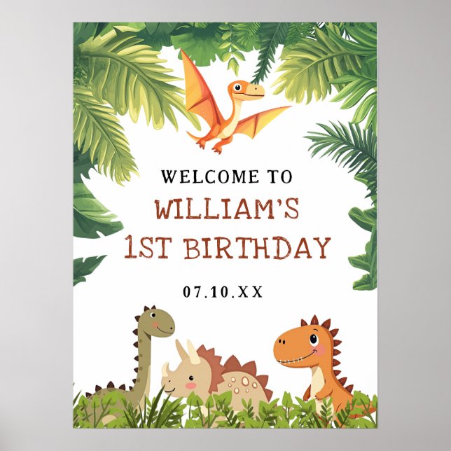 Söt Dinosauriegrönska Födelsedagsfest Välkomstskyl Poster (Framsidan)