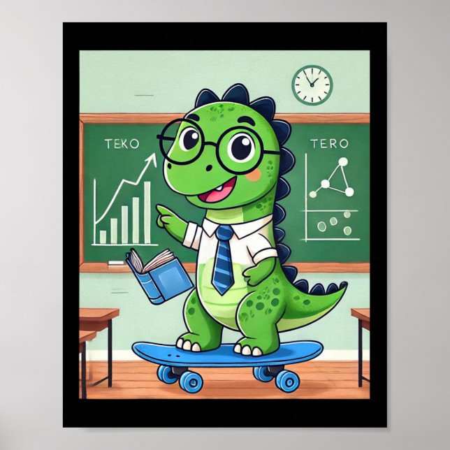 Söt dinosaurielärare skateboardåkande i klassrumme poster (Framsidan)