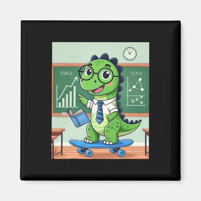 Söt dinosaurielärare skateboardar i klassrummet  magnet (Framsidan)