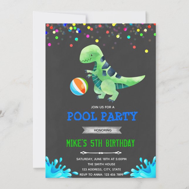 Söt dinosauriepool födelsedagsinbjudan inbjudningar (Framsida)