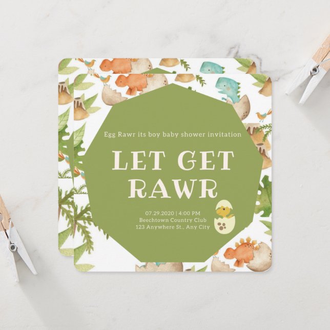 Söt dinosaurier i äggrawen en pojkduschinbjudan inbjudningar (Fram/Back In Situ)