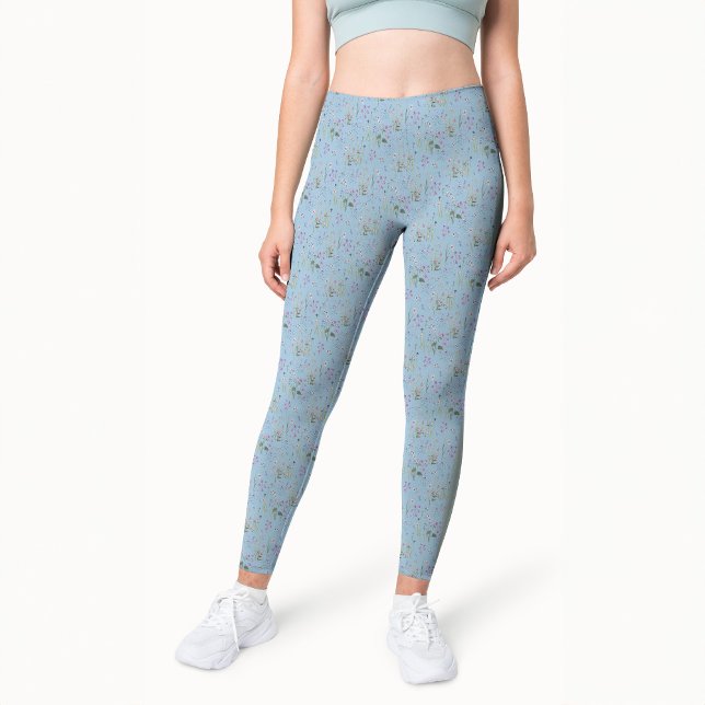 Söt Ditsy Blommigt Blue Mönster Watercolor Leggings (Pretty Light Blue Ditsy FLoral Watercolor Pattern printed leggings)