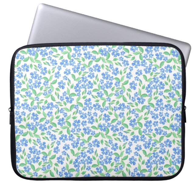 Söt Ditsy Blue Grönt White Periwinkle Flowers Laptop Sleeve (Framsidan)