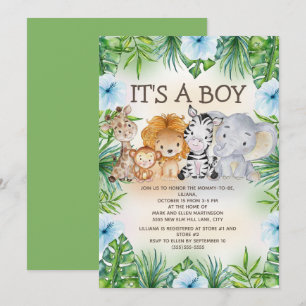 Söt djungel safari djur baby pojke shower inbjudningar