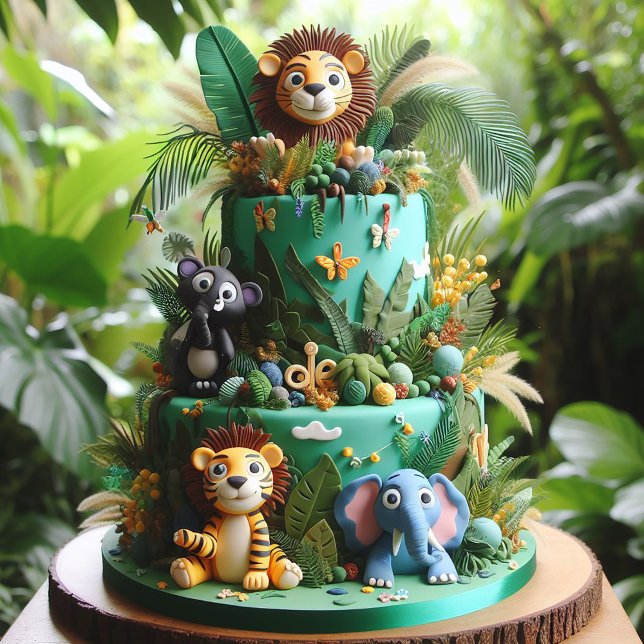 SÖT DJUNGELINJERAD FÖDELSEDAGSTÅRTA FÖR BARN KORT (Kids Jungle Theme Birthday Card)