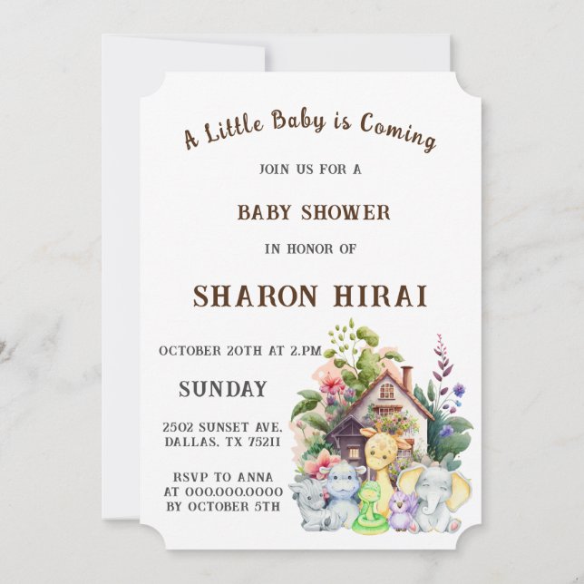 Söt Djur Baby Shower Inbjudan | Brun (Baksida)