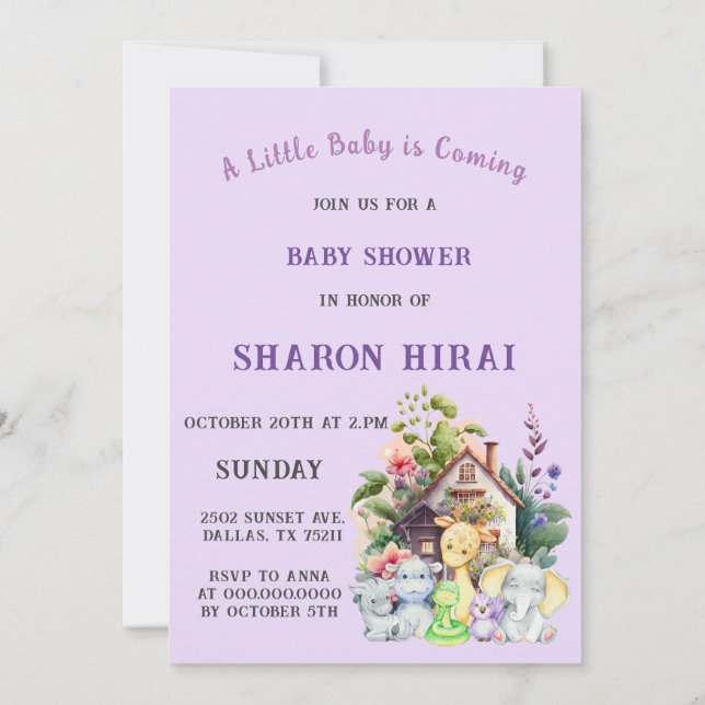 Söt Djur Baby Shower Inbjudan | Lila (Baksida)