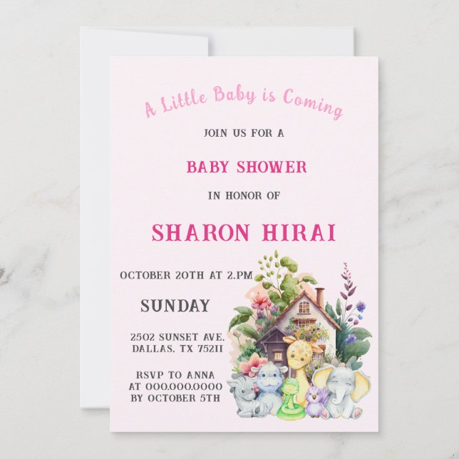 Söt Djur Baby Shower Inbjudan | Rosa (Baksida)