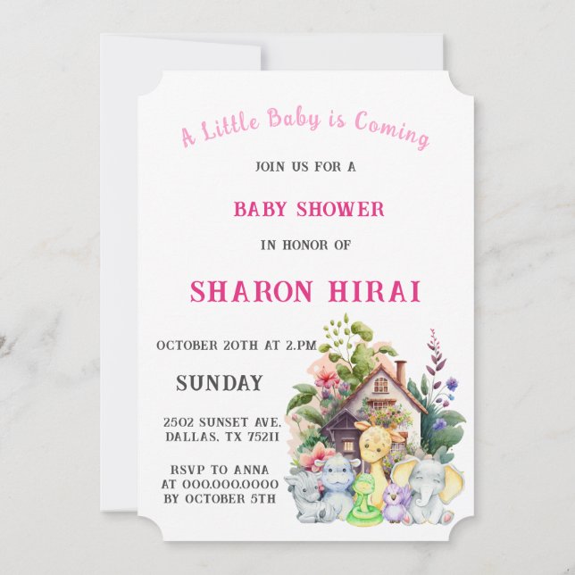 Söt djur Baby Shower Inbjudan | Rosa (Baksida)