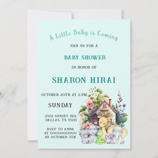 Söt Djur Baby Shower Inbjudan | Turkos (Baksida)