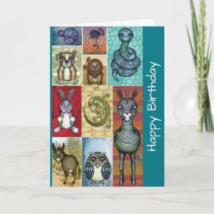 Söt djurcollage folkkonst design födelsedag kort
