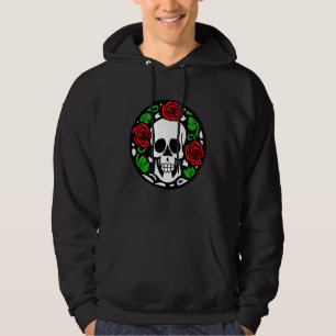 Söt Dödskalle med Rosor i Svart Cirkel Grafisk Des Hoodie