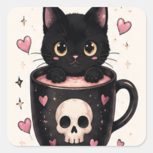 Söt dödskalle-mugg svart katt Halloween Fyrkantigt Klistermärke