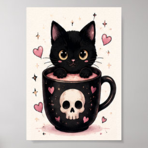 Söt dödskalle-mugg Svart katt Halloween Poster