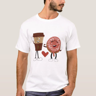 Söt Donut och Kaffe Par Valentin Design T Shirt