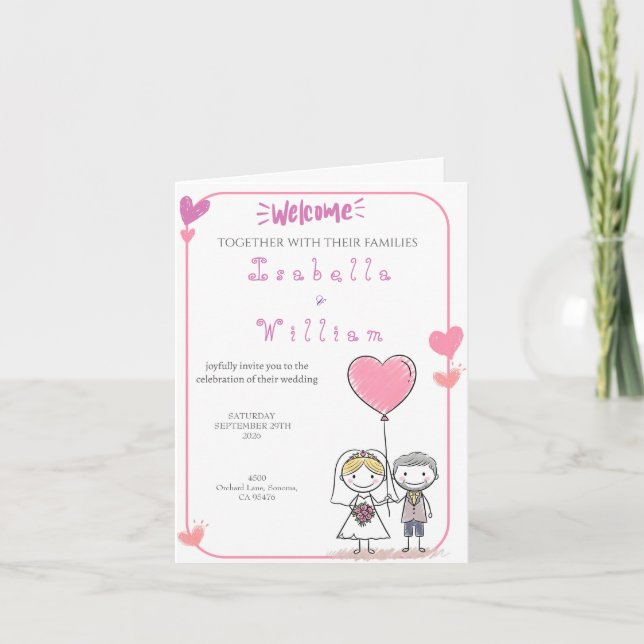 Söt Doodle Brud & Brudgum Rosa Hjärtan Bröllop Inbjudan (Framsida)