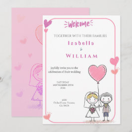 Söt Doodle Brud & Brudgum Rosa Hjärtan Bröllop Inbjudningar