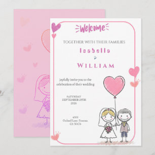 Söt Doodle Brud & Brudgum Rosa Hjärtan Bröllop Inbjudningar