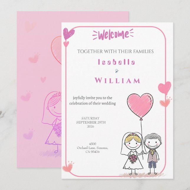 Söt Doodle Brud & Brudgum Rosa Hjärtan Bröllop Inbjudningar (Fram/baksida)