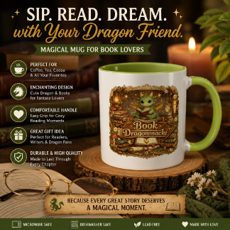 Söt Drak Bokälskare Kaffe Mugg | Fantasy Läsning