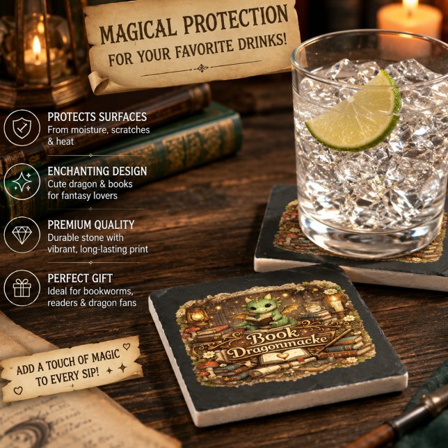 Söt Drakbok Älskare Coaster Set | Fantasy Läsare Stenunderlägg (Skapare uppladdad)