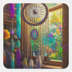 Söt Dreamcatcher i Window Lila Boho Fyrkantigt Klistermärke