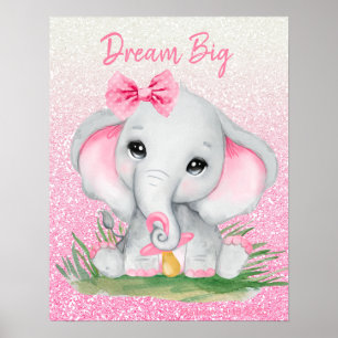Söt Dröm Stor Rosa Glitter Flick Elefant Poster