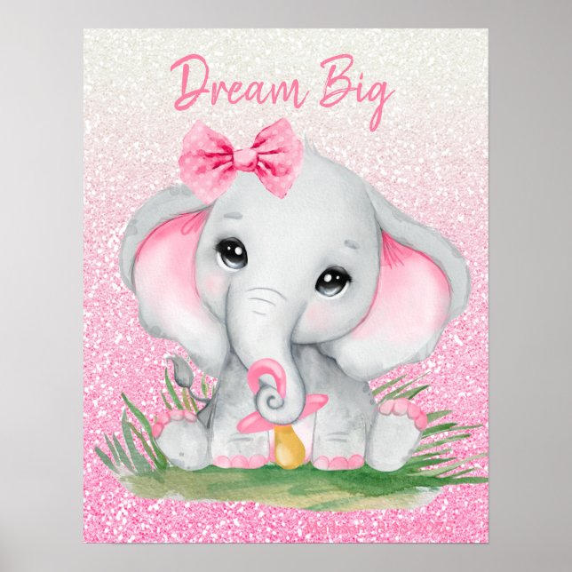 Söt dröm stor rosa glitter flicka elefant   poster (Framsidan)