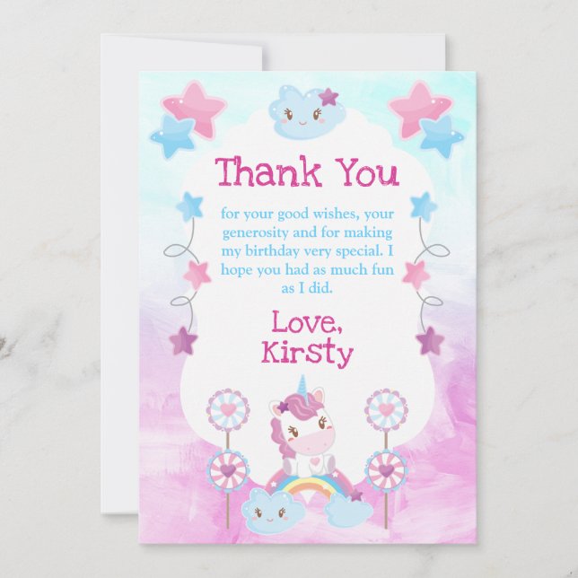 Söt Drömmig Enhörning Regnbåge Moln Födelsedagsfes Tack Kort (Framsida)