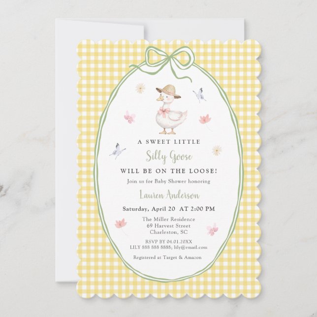 Söt dum gås gul gingham baby shower  inbjudningar (Framsida)