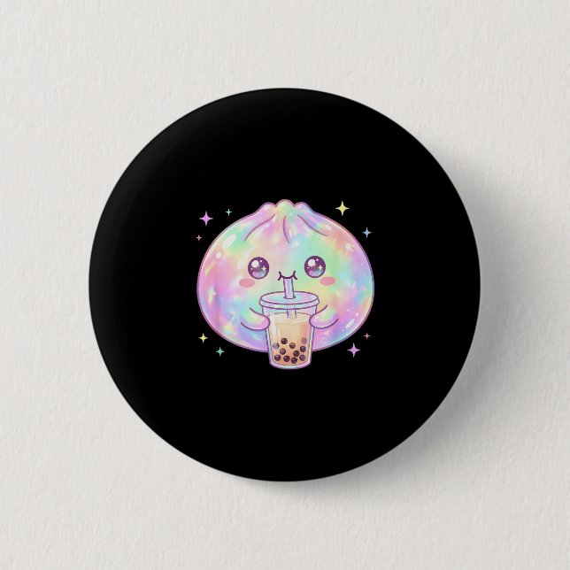 Söt dumpling dricker boba te kawaii bubbel te knapp (Framsida)