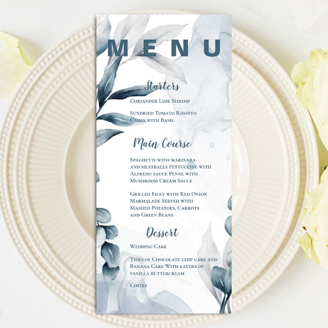 Söt Dusty Blue Eucalyptus Löv Bröllopsfest Meny (Pretty Dusty Blue Eucalyptus Leaves Wedding Party Menu)