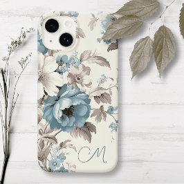 Söt Dusty Blue/Light Brown Blommigt w/Initial