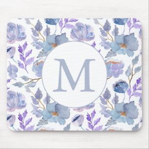 Söt Dusty Blue Lilac Watercolor Blommigt Monogram Musmatta