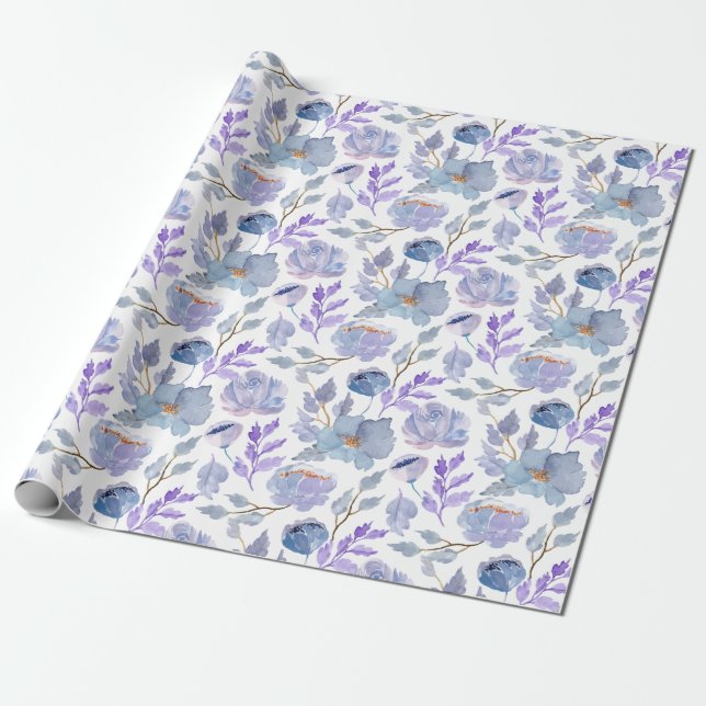 Söt Dusty Blue Lilac Watercolor Flowers Mönster Presentpapper (Utrullad)