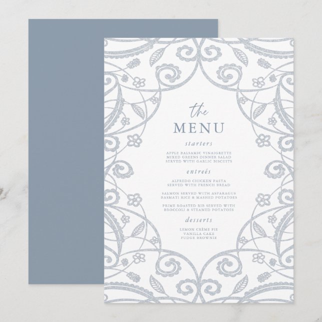 Söt Dusty Blue Silver Glitter Snöre Bröllop Menu Meny (Fram/baksida)